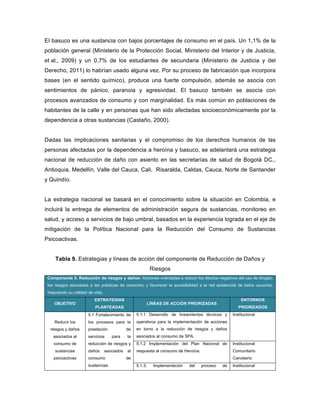 El basuco es una sustancia con bajos porcentajes de consumo en el país. Un 1,1% de la
población general (Ministerio de la Protección Social, Ministerio del Interior y de Justicia,
et al., 2009) y un 0,7% de los estudiantes de secundaria (Ministerio de Justicia y del
Derecho, 2011) lo habrían usado alguna vez. Por su proceso de fabricación que incorpora
bases (en el sentido químico), produce una fuerte compulsión, además se asocia con
sentimientos de pánico, paranoia y agresividad. El basuco también se asocia con
procesos avanzados de consumo y con marginalidad. Es más común en poblaciones de
habitantes de la calle y en personas que han sido afectadas socioeconómicamente por la
dependencia a otras sustancias (Castaño, 2000).
Dadas las implicaciones sanitarias y el compromiso de los derechos humanos de las
personas afectadas por la dependencia a heroína y basuco, se adelantará una estrategia
nacional de reducción de daño con asiento en las secretarías de salud de Bogotá DC.,
Antioquia, Medellín, Valle del Cauca, Cali, Risaralda, Caldas, Cauca, Norte de Santander
y Quindío.
La estrategia nacional se basará en el conocimiento sobre la situación en Colombia, e
incluirá la entrega de elementos de administración segura de sustancias, monitoreo en
salud, y acceso a servicios de bajo umbral, basados en la experiencia lograda en el eje de
mitigación de la Política Nacional para la Reducción del Consumo de Sustancias
Psicoactivas.
Tabla 9. Estrategias y líneas de acción del componente de Reducción de Daños y
Riesgos
Componente 5. Reducción de riesgos y daños: Acciones orientadas a reducir los efectos negativos del uso de drogas,
los riesgos asociados a las prácticas de consumo; y favorecer la accesibilidad a la red asistencial de éstos usuarios,
mejorando su calidad de vida.
OBJETIVO
ESTRATEGIAS
PLANTEADAS
LÍNEAS DE ACCIÓN PRIORIZADAS
ENTORNOS
PRIORIZADOS
Reducir los
riesgos y daños
asociados al
consumo de
sustancias
psicoactivas
5.1 Fortalecimiento de
los procesos para la
prestación de
servicios para la
reducción de riesgos y
daños asociados al
consumo de
sustancias
5.1.1 Desarrollo de lineamientos técnicos y
operativos para la implementación de acciones
en torno a la reducción de riesgos y daños
asociados al consumo de SPA.
Institucional
5.1.2 Implementación del Plan Nacional de
respuesta al consumo de Heroína.
Institucional
Comunitario
Carcelario
5.1.3. Implementación del proceso de Institucional
 