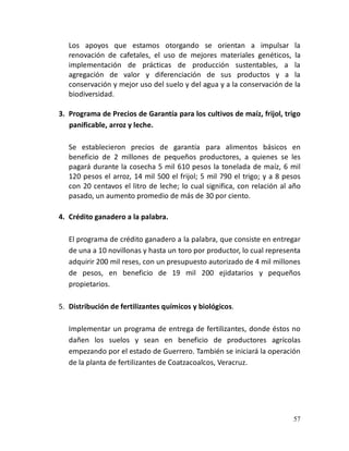 57
Los apoyos que estamos otorgando se orientan a impulsar la
renovación de cafetales, el uso de mejores materiales genéticos, la
implementación de prácticas de producción sustentables, a la
agregación de valor y diferenciación de sus productos y a la
conservación y mejor uso del suelo y del agua y a la conservación de la
biodiversidad.
3. Programa de Precios de Garantía para los cultivos de maíz, frijol, trigo
panificable, arroz y leche.
Se establecieron precios de garantía para alimentos básicos en
beneficio de 2 millones de pequeños productores, a quienes se les
pagará durante la cosecha 5 mil 610 pesos la tonelada de maíz, 6 mil
120 pesos el arroz, 14 mil 500 el frijol; 5 mil 790 el trigo; y a 8 pesos
con 20 centavos el litro de leche; lo cual significa, con relación al año
pasado, un aumento promedio de más de 30 por ciento.
4. Crédito ganadero a la palabra.
El programa de crédito ganadero a la palabra, que consiste en entregar
de una a 10 novillonas y hasta un toro por productor, lo cual representa
adquirir 200 mil reses, con un presupuesto autorizado de 4 mil millones
de pesos, en beneficio de 19 mil 200 ejidatarios y pequeños
propietarios.
5. Distribución de fertilizantes químicos y biológicos.
Implementar un programa de entrega de fertilizantes, donde éstos no
dañen los suelos y sean en beneficio de productores agrícolas
empezando por el estado de Guerrero. También se iniciará la operación
de la planta de fertilizantes de Coatzacoalcos, Veracruz.
 