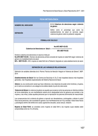 Plan Nacional de Salud Sexual y Salud Reproductiva 2017 - 2021
107
FICHA METODOLÓGICA
NOMBRE DEL INDICADOR
3.1.3. Cobertura de atenciones según violencia
de género
DEFINICIÓN
Define como el porcentaje que cubre los
establecimientos de salud en servicios según
violencia de género sobre la población asignada.
FÓRMULA DE CÁLCULO
No-APC-MEF-VG-ES
Cobertura de Atenciones en Salud = ------------------------------------------
60%-MEF-PA-ES
Donde la cobertura de atenciones en salud se mide por:
No-APC-MEF-VG-ES = Número de atenciones primera consulta de mujeres en edad fértil según violencia de
género en el establecimiento de salud.
60% - MEF-PA-ES = 60% mujeres en edad fèrtil de la Población Asignada en cada establecimiento de salud.
DEFINICIÓN DE LAS VARIABLES RELACIONADAS
Definición de variables obtenidas de la “Norma Técnica de Atención Integral en Violencia de Género”, MSP.
2014
Establecimientos de Salud: Son los Centros de Salud tipo A, B y C más hospitales básicos más hospitales
generales, más Hospitales especializados del Sistema Nacional de Salud.
Género: es una construcción social que hace referencia a las relaciones de poder entre hombres y mujeres,
por lo tanto se convierte en una categoría de análisis desde el punto de vista social.
Violencia de Género: la violencia de género es aquella que se ejerce contra las personas en distintos ámbitos
de forma sistemática; es una manifestación externa de la desigualdad entre los géneros que someten a las
mujeres, a las niñas y todas aquellas personas que no reproducen los patrones dominantes de masculinidad.
Las consecuencias de la violencia de género a menudo son devastadoras y prolongadas y afectan la salud
física de las personas y de la sociedad en general. Sus manifestaciones son muy variadas: malos tratos físicos
y psicológicos dentro del ámbito de la salud; agresiones sexuales, acoso sexual, violación.
Mujeres en Edad Fértil: se considera como mujeres en edad fértil a las mujeres cuyas edades están
comprendidas entre los 10 a 49 años.
 