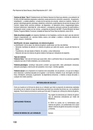 Plan Nacional de Salud Sexual y Salud Reproductiva 2017 - 2021
108
Centros de Salud Tipo C: Establecimiento del Sistema Nacional de Salud que atiende a una población de
25.000 a 50.000 habitantes (asignados o adscritos), presta servicios de promoción, prevención, recuperación,
rehabilitación y cuidado paliativos a través de los servicios de consulta externa en medicina familiar y/o
general, odontología general, psicología, obstetricia y enfermería, puede disponer de servicios de apoyo como
nutrición, trabajo social, servicios auxiliares de diagnóstico en laboratorio clínico, imageneología básica,
farmacia institucional, maternidad de corta estancia y emergencia: promueve acciones de salud pública y
participación social; cumple con las normas y programas de atención del MSP. (Fuente Ministerio de Salud
Pública, Programa Médico Funcional, Unidades de Salud de Primer Nivel de Atención, enero 2014)
Salas de primera acogida: son espacios diseñados en los hospitales y centros de salud para dar atención
integral y especializada, con servicios médico, social y con calidad y calidez a víctimas de violencia de
género, sexual e intrafamiliar.
Identificación de casos sospechosos de violencia de género:
La identificación de los casos de violencia de género puede darse por tres vías distintas:
-	 Demanda manifiesta de atención en violencia de género por parte del usuario, usuaria del Servicio de
Salud.
-	 Transferencia del caso desde el Sistema de Justicia u otras instituciones
-	 Detección del caso de violencia de género desde el tamizaje por indicadores de sospecha.
Tipos de violencia:
Violencia física: Todo acto de fuerza que cause daño, dolor o sufrimiento físico en las personas agredidas
cualquiera que sea el medio empleado y sus consecuencias.
Violencia psicológica: constituye toda acción u omisión que cause daño, dolor, perturbación emocional,
alteración psicológica o disminución del autoestima de la mujer o familiar agredido
Violencia sexual: es la imposición en el ejercicio de la sexualidad de una persona a la que se le obliga a
tener relaciones o prácticas sexuales con el agresor o con terceros, mediante el uso del engaño, de fuerza
física, intimidación, amenazas, la generación de dependencia emocional, o material, el abuso del poder, o
cualquier otro medio coercitivo.
METODOLOGÍA DE CÁLCULO
Como se muestra en la fórmula de cálculo es un indicador que mide la proporción de atenciones realizadas
por primera vez en relación al cupo de atenciones que tienen las consultas de primera vez, con la población
asignada. Para el cálculo se tomará en cuenta que 6 de cada 10 mujeres son víctimas de violencia de género.
LIMITACIONES TÉCNICAS
Hay registro de atenciones por violencia de género
solo en atenciones ambulatorias por medio del
REDACCA.
El CIE10 no cuenta con la nomenclatura para
violencia de género, Los profesionales de la salud
refieren violencia de género de acuerdo a los signos
y síntomas.
UNIDAD DE MEDIDA DE LAS VARIABLES Número
 