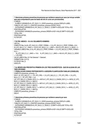 Plan Nacional de Salud Sexual y Salud Reproductiva 2017 - 2021
141
/* Atenciones primeras preventivas de personas que recibieron asesoría por sexo (se incluye variable
sexo para comprobación pues las bases del año en curso son provisionales)
CTABLES
/VLABELS VARIABLES=N_ATC_BLQ_C_5_SEXO preventivas_primeras DISPLAY=LABEL
/TABLE N_ATC_BLQ_C_5_SEXO BY preventivas_primeras [COUNT F40.0]
/CATEGORIES VARIABLES=N_ATC_BLQ_C_5_SEXO [1, 2] EMPTY=EXCLUDE TOTAL=YES
POSITION=AFTER
/CATEGORIES VARIABLES=preventivas_primeras ORDER=A KEY=VALUE EMPTY=EXCLUDE
TOTAL=YES
POSITION=AFTER.
FILTER OFF.
/* FILTRO: MEDICO - 10 A 49- SOLAMENTE HOMBRES
USE ALL.
COMPUTE filter_$=((N_ATC_BLQ_B_5_PROF_FORMA = 1 | N_ATC_BLQ_B_5_PROF_FORMA = 9) &
(N_ATC_BLQ_C_6_1_ANIO >= 10 & N_ATC_BLQ_C_6_1_ANIO <= 49) & N_ATC_BLQ_C_5_SEXO = 1).
VARIABLE LABELS filter_$ ‘(N_ATC_BLQ_B_5_PROF_FORMA = 1 | N_ATC_BLQ_B_5_PROF_FORMA =
9) & ‘+
‘(N_ATC_BLQ_C_6_1_ANIO >= 10 & N_ATC_BLQ_C_6_1_ANIO <= 49) & N_ATC_BLQ_C_5_SEXO
= 1 (FILTER)’.
VALUE LABELS filter_$ 0 ‘Not Selected’ 1 ‘Selected’.
FORMATS filter_$ (f1.0).
FILTER BY filter_$.
EXECUTE.
/* AL MENOS UNA PREVENTIVA PRIMERA EN LOS TRES DIAGNÓSTICOS - QUE EN ALGUNA DE LAS
TRES OPCIONES
/* POSEA ALGUN CODIGO PERTENECIENTE A ASESORÍA PLANIFICACIÓN FAMILIAR (CONSEJOS)
COMPUTE preventivas_primeras = 0.
DO IF ((C_ATC_BLQ_D_1_1_TIP_ATC_PRE = 1 | N_ATC_BLQ_D_2_1_TIP_ATC_PRE = 1 | N_ATC_
BLQ_D_3_1_TIP_ATC_PRE = 1) &
(((C_ATC_BLQ_D_3_DIAGN_CIE10_3 >= 9675 & C_ATC_BLQ_D_3_DIAGN_CIE10_3 <= 9678) | (C_ATC_
BLQ_D_3_DIAGN_CIE10_3 = 8657)) |
((C_ATC_BLQ_D_2_DIAGN_CIE10_2 >= 9675 & C_ATC_BLQ_D_2_DIAGN_CIE10_2 <= 9678) | (C_ATC_
BLQ_D_2_DIAGN_CIE10_2 = 8657)) |
((C_ATC_BLQ_D_1_DIAGN_CIE10_1 >= 9675 & C_ATC_BLQ_D_1_DIAGN_CIE10_1 <= 9678) | (C_ATC_
BLQ_D_1_DIAGN_CIE10_1 = 8657)))).
COMPUTE preventivas_primeras = 1.
END IF.
/* Atenciones primeras preventivas de personas que recibieron asesoría por sexo
CTABLES
/VLABELS VARIABLES=N_ATC_BLQ_C_5_SEXO preventivas_primeras DISPLAY=LABEL
/TABLE N_ATC_BLQ_C_5_SEXO BY preventivas_primeras [COUNT F40.0]
/CATEGORIES VARIABLES=N_ATC_BLQ_C_5_SEXO [1, 2] EMPTY=EXCLUDE TOTAL=YES
POSITION=AFTER
/CATEGORIES VARIABLES=preventivas_primeras ORDER=A KEY=VALUE EMPTY=EXCLUDE
TOTAL=YES
POSITION=AFTER.
FILTER OFF
 