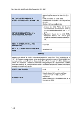 Plan Nacional de Salud Sexual y Salud Reproductiva 2017 - 2021
146
RELACIÓN CON INSTRUMENTOS DE
PLANIFICACIÓN NACIONAL E INTERNACIONAL
Objetivo 3 del Plan Nacional del Buen Vivir 2013-
2017
Constitución Política del Estado (2008)
PlanNacionaldeSaludSexualySaludReproductiva
2017-2021
Objetivos 3 de Desarrollo Sostenible
REFERENCIAS BIBLIOGRÁFICAS DE LA
CONSTRUCCIÓN DEL INDICADOR
1.	Ministerio de Salud Pública del Ecuador,
Dirección Nacional de Normatización, Norma y
Protocolo de Planificación Familiar, Pág. 17, 18.
2010.
2.	Organización Mundial de la Salud (OMS),
Planificación Familiar, Un manual para
proveedores orientación basada en la evidencia.
2007.
FECHA DE ELABORACIÓN DE LA FICHA
METODOLÓGICA
Enero, 2015
FECHA DE LA ÚLTIMA ACTUALIZACIÓN DE LA
FICHA
Septiembre, 2016
SINTAXIS
Este indicador depende del trabajo constante del Ministerio de Salud Pública con la implementación al
100% del “Reglamento para regula el acceso a métodos anticonceptivos -Acuerdo Ministerial 2490”, en
corresponsabilidad con las Direcciones Nacionales de: Primer Nivel, Promoción de la Salud, Estadística y
Análisis de la Información, Calidad de los Servicios de Salud y en especial de la responsabilidad que debe
tener cada profesional de la salud en territorio sobre la importancia de registrar de manera adecuada las
prestaciones de planificación familiar.
CLASIFICADOR SECTORIAL Salud 15
ELABORADO POR
Dirección Nacional de Promoción de la Salud
– Gestión Interna de Salud Sexual y Salud
Reproductiva.
Dirección Nacional de Estadística y Análisis de la
Información en Salud
 