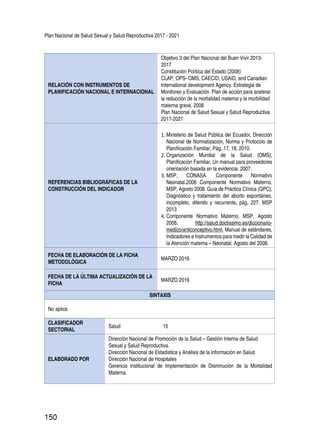 Plan Nacional de Salud Sexual y Salud Reproductiva 2017 - 2021
150
RELACIÓN CON INSTRUMENTOS DE
PLANIFICACIÓN NACIONAL E INTERNACIONAL
Objetivo 3 del Plan Nacional del Buen Vivir 2013-
2017
Constitución Política del Estado (2008)
CLAP, OPS- OMS, CAECID, USAID, and Canadian
International development Agency. Estrategia de
Monitoreo y Evaluación. Plan de acción para acelerar
la reducción de la mortalidad materna y la morbilidad
materna grave. 2008
Plan Nacional de Salud Sexual y Salud Reproductiva
2017-2021
REFERENCIAS BIBLIOGRÁFICAS DE LA
CONSTRUCCIÓN DEL INDICADOR
1.	Ministerio de Salud Pública del Ecuador, Dirección
Nacional de Normatización, Norma y Protocolo de
Planificación Familiar, Pág. 17, 18. 2010.
2.	Organización Mundial de la Salud (OMS),
Planificación Familiar, Un manual para proveedores
orientación basada en la evidencia. 2007.
3.	MSP, CONASA. Componente Normativo
Neonatal.2008 Componente Normativo Materno,
MSP, Agosto 2008. Guía de Práctica Clínica (GPC),
Diagnóstico y tratamiento del aborto espontáneo,
incompleto, diferido y recurrente, pág. 227. MSP
2013
4.	Componente Normativo Materno, MSP, Agosto
2008. http://salud.doctissimo.es/diccionario-
medico/anticonceptivo.html. Manual de estándares,
Indicadores e Instrumentos para medir la Calidad de
la Atención materna – Neonatal, Agosto del 2008.
FECHA DE ELABORACIÓN DE LA FICHA
METODOLÓGICA
MARZO 2016
FECHA DE LA ÚLTIMA ACTUALIZACIÓN DE LA
FICHA
MARZO 2016
SINTAXIS
No aplica
CLASIFICADOR
SECTORIAL
Salud 15
ELABORADO POR
Dirección Nacional de Promoción de la Salud – Gestión Interna de Salud
Sexual y Salud Reproductiva.
Dirección Nacional de Estadística y Análisis de la Información en Salud
Dirección Nacional de Hospitales
Gerencia Institucional de Implementación de Disminución de la Mortalidad
Materna.
 
