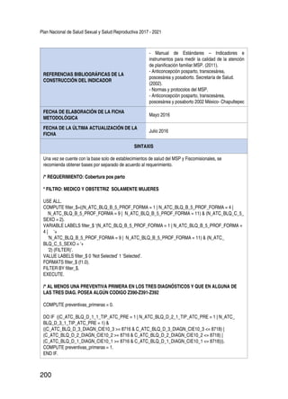 Plan Nacional de Salud Sexual y Salud Reproductiva 2017 - 2021
200
REFERENCIAS BIBLIOGRÁFICAS DE LA
CONSTRUCCIÓN DEL INDICADOR
- Manual de Estándares – Indicadores e
instrumentos para medir la calidad de la atención
de planificación familiar.MSP. (2011).
- Anticoncepción posparto, transcesárea,
poscesárea y posaborto. Secretaría de Salud.
(2002).
- Normas y protocolos del MSP.
- Anticoncepciòn posparto, transcesàrea,
poscesàrea y posaborto 2002 Mèxico- Chapultepec
FECHA DE ELABORACIÓN DE LA FICHA
METODOLÓGICA
Mayo 2016
FECHA DE LA ÚLTIMA ACTUALIZACIÓN DE LA
FICHA
Julio 2016
SINTAXIS
Una vez se cuente con la base solo de establecimientos de salud del MSP y Fiscomisionales, se
recomienda obtener bases por separado de acuerdo al requerimiento.
/* REQUERIMIENTO: Cobertura pos parto
* FILTRO: MEDICO Y OBSTETRIZ SOLAMENTE MUJERES
USE ALL.
COMPUTE filter_$=((N_ATC_BLQ_B_5_PROF_FORMA = 1 | N_ATC_BLQ_B_5_PROF_FORMA = 4 |
N_ATC_BLQ_B_5_PROF_FORMA = 9 | N_ATC_BLQ_B_5_PROF_FORMA = 11) & (N_ATC_BLQ_C_5_
SEXO = 2).
VARIABLE LABELS filter_$ ‘(N_ATC_BLQ_B_5_PROF_FORMA = 1 | N_ATC_BLQ_B_5_PROF_FORMA =
4 | ‘+
‘N_ATC_BLQ_B_5_PROF_FORMA = 9 | N_ATC_BLQ_B_5_PROF_FORMA = 11) & (N_ATC_
BLQ_C_5_SEXO = ‘+
‘2) (FILTER)’.
VALUE LABELS filter_$ 0 ‘Not Selected’ 1 ‘Selected’.
FORMATS filter_$ (f1.0).
FILTER BY filter_$.
EXECUTE.
/* AL MENOS UNA PREVENTIVA PRIMERA EN LOS TRES DIAGNÓSTICOS Y QUE EN ALGUNA DE
LAS TRES DIAG. POSEA ALGÚN CODIGO Z390-Z391-Z392
COMPUTE preventivas_primeras = 0.
DO IF ((C_ATC_BLQ_D_1_1_TIP_ATC_PRE = 1 | N_ATC_BLQ_D_2_1_TIP_ATC_PRE = 1 | N_ATC_
BLQ_D_3_1_TIP_ATC_PRE = 1) &
((C_ATC_BLQ_D_3_DIAGN_CIE10_3 >= 8716 & C_ATC_BLQ_D_3_DIAGN_CIE10_3 <= 8718) |
(C_ATC_BLQ_D_2_DIAGN_CIE10_2 >= 8716 & C_ATC_BLQ_D_2_DIAGN_CIE10_2 <= 8718) |
(C_ATC_BLQ_D_1_DIAGN_CIE10_1 >= 8716 & C_ATC_BLQ_D_1_DIAGN_CIE10_1 <= 8718))).
COMPUTE preventivas_primeras = 1.
END IF.
 