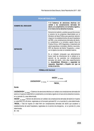 Plan Nacional de Salud Sexual y Salud Reproductiva 2017 - 2021
205
FICHA METODOLÓGICA
NOMBRE DEL INDICADOR
7.1.9 Cobertura de atenciones efectivas con
calidad a las complicaciones derivadas del
aborto, en cumplimiento a la normativa vigente y
en el marco de los derechos humanos.
DEFINICIÓN
Elemento de medición y análisis que permite conocer
el alcance de los programas desarrollados por el
Ministerio de Salud Pública para garantizar atención
integral en los establecimientos de salud hospitalaria
del SNS, a las complicaciones derivadas del aborto;
en cumplimiento a la normativa vigente (Guía de
Práctica Clínica –GPC Diagnóstico y tratamiento del
aborto espontáneo, incompleto, diferido y recurrente;
GPC de Atención del Aborto Terapéutico, u otras);
con el objetivo de evitar la mortalidad materna.
Es un indicador compuesto que adicionalmente
busca medir las dimensiones de la calidad en la
atención de las pacientes con complicaciones
derivadas del aborto, entre ellas específicamente
la: Accesibilidad, Eficiencia y capacidad de
respuesta, Seguridad y Empatía con que se
brinda el servicio.
FÓRMULA DE CÁLCULO
NACDA t
(10 - 49 años)
CACDACNVDH t
(10 - 49 años)
= --------------------------------- x K
TMCDA t
Donde:
CACDACNVDH t
(10 - 49 años)
= Cobertura de atenciones efectivas con calidad a las complicaciones derivadas del
aborto en mujeres en edad fértil en cumplimiento a la normativa vigente en el marco de los derechos humanos,
en un período (t) y área determinada.
NACDA t
(10 - 49 años)
= Número de atenciones con calidad a las complicaciones derivadas del aborto en mujeres
en edad fértil (10 a 49 años), registradas en el formulario perinatal 051, en un período (t) y área determinada.
TMCDAt
= Total de mujeres en edad fértil con complicaciones derivadas del aborto que acudieron a
establecimientos de salud hospitalaria, registradas en el servicio de emergencia, en un período (t) y área
determinada.
K = 100
 