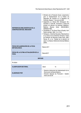 Plan Nacional de Salud Sexual y Salud Reproductiva 2017 - 2021
211
REFERENCIAS BIBLIOGRÁFICAS DE LA
CONSTRUCCIÓN DEL INDICADOR
•	 Ministerio de la Protección Social. Lineamientos
para la Implementación de la Política de
Seguridad del Paciente en la República de
Colombia. Bogotá, 11 de junio de 2008.
•	 Gagliardino JJ, Olivera EM, Etchegoyen GS,
González C, Guidi ML. Evaluación y costos del
proceso de atención de pacientes diabéticos.
Medicina (Buenos Aires). 2000;60:880-8.
ISSN0025-7680
•	 Donabedian A. The Seven Pilars of Quality. Arch
Pathol Lab Med; 1990; 114:1115-8.
•	 Rodríguez L. Derechos Sexuales y Reproductivos
en el marco de los Derechos Humanos. Fondo
de Población de Naciones Unidas Quito. 2008.
Ramos, M., et al. “Calidad de la atención de
salud.” La Habana: Editorial de Ciencias Médicas
(2004).
FECHA DE ELABORACIÓN DE LA FICHA
METODOLÓGICA
Febrero 2017
FECHA DE LA ÚLTIMA ACTUALIZACIÓN DE LA
FICHA
Febrero2017
SINTAXIS
No Aplica
CLASIFICADOR SECTORIAL Salud 15
ELABORADO POR
-	 Gerencia Institucional de Implementación de la
Disminución de Muerte Materna.
-	 Dirección Nacional de Promoción / Gestión
interna de SS SR
 
