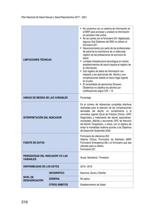 Plan Nacional de Salud Sexual y Salud Reproductiva 2017 - 2021
216
LIMITACIONES TÉCNICAS
•	 No contamos con un sistema de información en
el MSP para procesar y analizar la información
en periodos más cortos.
•	 No se cuenta con el formulario 051 digitalizado,
algunos Sub Sistemas del SNS no utilizan el
formulario 051.
•	 Desconocimiento por parte de los profesionales
de salud de la importancia de un adecuado
registro de las prestaciones de servicios de
salud.
•	 Limitada infraestructura tecnológica en ciertos
establecimientos de salud impacta el registro de
la información.
•	 Sub registro de datos de información con
respecto a las atenciones del Aborto y sus
complicaciones debido al marco legal vigente
en el país.
•	 El consolidado de atenciones Gineceo-
Obstetricia no clasifica los abortos por
codificaciones según CIE – 10
UNIDAD DE MEDIDA DE LAS VARIABLES Porcentaje
INTERPRETACIÓN DEL INDICADOR
Es el número de referencias cumplidas efectivas
realizadas para la atención de las complicaciones
derivadas del aborto, en cumplimiento a la
normativa vigente (Guía de Práctica Clínica –GPC
Diagnóstico y tratamiento del aborto espontáneo,
incompleto, diferido y recurrente; GPC de Atención
del Aborto Terapéutico, u otras), con el objetivo de
evitar la mortalidad materna acorde a los Objetivos
de Desarrollo Sostenible 2030.
FUENTE DE DATOS
Formulario de referencia 053
Historia Clínica: Formulario de Admisión (MSP
Formulario Emergencia 08) o el formulario que sea
utilizado para su efecto,
Formulario 051
PERIODICIDAD DEL INDICADOR Y/O LAS
VARIABLES
Anual, Semestral, Trimestral
DISPONIBILIDAD DE LOS DATOS 2015– 2016
NIVEL DE
DESAGREGACIÓN
GEOGRÁFICO Nacional, Zonal y Distrital
GENERAL No aplica
OTROS ÁMBITOS Establecimiento de Salad
 