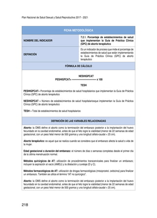 Plan Nacional de Salud Sexual y Salud Reproductiva 2017 - 2021
218
FICHA METODOLÓGICA
NOMBRE DEL INDICADOR
7.2.1. Porcentaje de establecimientos de salud
que implementan la Guía de Práctica Clínica
(GPC) de aborto terapéutico
DEFINICIÓN
Es un indicador de proceso que mide el porcentaje de
establecimientos de salud que están implementando
la Guía de Práctica Clínica (GPC) de aborto
terapéutico
FÓRMULA DE CÁLCULO
NESHIGPCAT
PESHIGPCAT= -------------------------------- x 100
TESH
PESHIGPCAT= Porcentaje de establecimientos de salud hospitalarios que implementan la Guía de Práctica
Clínica (GPC) de aborto terapéutico
NESHIGPCAT = Número de establecimientos de salud hospitalariosque implementan la Guía de Práctica
Clínica (GPC) de aborto terapéutico
TESH = Total de establecimientos de salud hospitalarios
DEFINICIÓN DE LAS VARIABLES RELACIONADAS
Aborto: la OMS define el aborto como la terminación del embarazo posterior a la implantación del huevo
fecundado en la cavidad endometrial, antes de que el feto logre la viabilidad (menor de 22 semanas de edad
gestacional, con un peso fetal menor de 500 gramos y una longitud céfalo-caudal < 25 cm).
Aborto terapéutico: es aquel que se realiza cuando se considera que el embarazo afecta la salud o vida de
la mujer.
Edad gestacional o duración del embarazo: el número de días o semanas completas desde el primer día
de la última menstruación normal.
Métodos quirúrgicos de AT: utilización de procedimientos transcervicales para finalizar un embarazo;
incluyen la aspiración al vacío (AMEU) y la dilatación y curetaje (D y C).
Métodos farmacológicos de AT: utilización de drogas farmacológicas (misoprostol, oxitocina) para finalizar
un embarazo. También se utiliza el término “AT no quirúrgico”.
Aborto: la OMS define el aborto como la terminación del embarazo posterior a la implantación del huevo
fecundado en la cavidad endometrial, antes de que el feto logre la viabilidad (menor de 22 semanas de edad
gestacional, con un peso fetal menor de 500 gramos y una longitud céfalo-caudal < 25 cm).
 