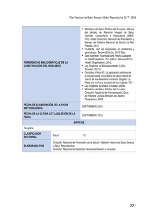 Plan Nacional de Salud Sexual y Salud Reproductiva 2017 - 2021
221
REFERENCIAS BIBLIOGRÁFICAS DE LA
CONSTRUCCIÓN DEL INDICADOR
•	 Ministerio de Salud Pública del Ecuador. Manual
del Modelo de Atención Integral de Salud
Familiar, Comunitario e Intercultural (MAIS-
FCI). Quito: Dirección Nacional de Articulación y
Manejo del Sistema Nacional de Salud y la Red
Pública. 2012
•	 FLASOG. Uso de misoprosto en obstetricia y
ginecología. Tercera Edición; 2013 May
•	 Safe Abortion: Technical and Policy Guidance
for Health Systems. 2nd edition. Geneva:World
Health Organization; 2012.
•	 Ley Orgánica de Discapacidades (LOD).
Ecuador (2012).
•	 González Vélez AC. La aplicación práctica de
la causal salud: un análisis de casos desde el
marco de los derechos humanos. Bogotá: La
Mesa por la vida y la salud de las mujeres; 2011
•	 Ley Orgánica de Salud. Ecuador (2006).
•	 Ministerio de Salud Pública del Ecuador,
Dirección Nacional de Normatización, Guía
de Práctica Clínica Atención del Aborto
Terapéutico, 2015.
FECHA DE ELABORACIÓN DE LA FICHA
METODOLÓGICA
SEPTIEMBRE 2016
FECHA DE LA ÚLTIMA ACTUALIZACIÓN DE LA
FICHA
SEPTIEMBRE 2016
SINTAXIS
No aplica
CLASIFICADOR
SECTORIAL
Salud 15
ELABORADO POR
Dirección Nacional de Promoción de la Salud – Gestión Interna de Salud Sexual
y Salud Reproductiva.
Dirección Nacional de Derechos Humanos Género e Inclusión
 