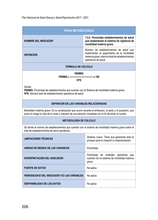 Plan Nacional de Salud Sexual y Salud Reproductiva 2017 - 2021
226
FICHA METODOLÓGICA
NOMBRE DEL INDICADOR
7.3.3. Porcentaje establecimientos de salud
que implementan el sistema de vigilancia de
morbilidad materna grave.
DEFINICIÓN
Número de establecimientos de salud que
implementan el seguimiento de la morbilidad
materna grave, sobre el total de establecimientos
operativos de salud.
FÓRMULA DE CÁLCULO
NEMMG
PEMMG = ------------------------------ x 100
NTE
Donde:
PEMMG: Porcentaje de establecimientos que cuentan con el Sistema de morbilidad materna grave
NTE: Número total de establecimiento operativos de salud
DEFINICIÓN DE LAS VARIABLES RELACIONADAS
Morbilidad materna grave: Es la complicación que ocurre durante el embarazo, el parto y el puerperio, que
pone en riesgo la vida de la mujer y requiere de una atención inmediata con el fin de evitar la muerte.
METODOLOGÍA DE CÁLCULO
Se divide el número de establecimientos que cuentan con el sistema de morbilidad materna grave sobre el
total de establecimientos de salud operativos.
LIMITACIONES TÉCNICAS
Sistema nuevo. Tiene que generarse todo el
proceso para la creación e implementación.
UNIDAD DE MEDIDA DE LAS VARIABLES Porcentaje
INTERPRETACIÓN DEL INDICADOR
Porcentaje de unidades operativas que
cuentan con el sistema de morbilidad materna
grave.
FUENTE DE DATOS No aplica
PERIODICIDAD DEL INDICADOR Y/O LAS VARIABLES No aplica
DISPONIBILIDAD DE LOS DATOS No aplica
 