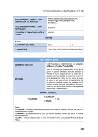 Plan Nacional de Salud Sexual y Salud Reproductiva 2017 - 2021
239
REFERENCIAS BIBLIOGRÁFICAS DE LA
CONSTRUCCIÓN DEL INDICADOR
www.col.ops-oms.org/Municipios/defcasos.htm
www.paho.org/gut/index.php?option=com_
docma&task...
FECHA DE ELABORACIÓN DE LA FICHA
METODOLÓGICA
08/03/2016
FECHA DE LA ÚLTIMA ACTUALIZACIÓN DE
LA FICHA
8/03/2016
SINTAXIS
No aplica
CLASIFICADOR SECTORIAL Salud 15
ELABORADO POR Dirección Nacional de Calidad de los Servicios de Salud
FICHA METODOLÓGICA
NOMBRE DEL INDICADOR
7.3.9. Porcentaje de establecimientos con aplicación
del Sistema Informático Perinatal (SIP).
DEFINICIÓN
Indica el porcentaje de establecimientos de salud que
aplican el Sistema Informático Perinatal (SIP),con la
finalidad de elevar progresivamente la calidad de la
atención materna y neonatal, lo que permite construir el
banco de datos más valioso con que cuenta el equipo
de salud, ya sea para conocer las características de
la población prestataria, evaluar los resultados de la
atención brindada, identificar los problemas prioritarios,
monitorizar indicadores claves y/o realizar investigaciones
operacionales y epidemiológicas.
FÓRMULA DE CÁLCULO
# ESAMNASIP
PESAMNASIP = --------------------------------- X 100
# TESAMN
Donde:
PESAMNASIP = Porcentaje de Establecimientos de Salud con atención materna y neonatal, que aplican el
Sistema Informático Perinatal
ESAMNASIP= # de Establecimientos de salud con atención materna y neonatal que aplican el Sistema
Informático Perinatal
TESAMN = # Total de Establecimientos de salud con atención materna y neonatal del Ministerio de Salud
Pública.
 