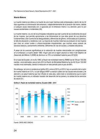 Plan Nacional de Salud Sexual y Salud Reproductiva 2017 - 2021
24
Muerte Materna
La muerte materna se refiere a la muerte de una mujer mientras está embarazada o dentro de los 42
días siguientes a la terminación del embarazo, independientemente de la duración del mismo, debida
a cualquier causa relacionada con, o agravada por el embarazo mismo o su atención, pero no por
causas accidentales o incidentales (49).
La muerte materna es uno de los principales indicadores que dan cuenta de las condiciones de salud
de las mujeres, que permite aproximarse a las dimensiones en que ellas gozan de sus derechos
fundamentales y dan cuenta de las desigualdades y diferencias de género, remarcadas por la pobreza,
la falta de educación y residencia rural. La mayoría de muertes maternas se producen en las mujeres
que viven en zonas rurales o urbano-marginales empobrecidas, que muchas veces carecen de
servicios básicos y saneamiento ambiental, deficientes de vías de acceso y unidades educativas.
A pesar de los avances significativos en la reducción de muertes relacionadas con complicaciones
en el embarazo y el parto desde 1990, ningún país de la región alcanzó la meta A del Objetivo de
Desarrollo del Milenio 5 (ODM) de disminuir un 75% la mortalidad materna para 2015(50).
En el caso de Ecuador, en el año 1990, la Razón de mortalidad materna (RMM) fue de 154 por 100.000
nacidos vivos estimados; para el año 2014 la Razón de Mortalidad Materna fue de 49,16 por 100.000
nacidos vivos estimados, siendo la reducción en este periodo para el país de 68%.
Sin embargo, tal como lo evidencia el gráfico Nº4, entre el 2013 y el 2014, hay un aumento de la razón
de muerte materna en 3.5%, lo cual obliga al MSP a analizar cuáles son las causas estructurales y de
atención a la salud materna que han influido en esta alza, sobre todo si consideramos que la razón
de muerte materna es un indicador trazador del desarrollo de los países y la calidad de los servicios
de salud (51).
0,00
2008 2009 2010 2011 2012 2013 2014
50
100
150
200
250
165
208 203
241
204
155
166
Número de MM
RMM
10,0
20,0
30,0
540,0
0,0
60,0
70,0
80,0
47,7
60,3 59,0
70,4
59,9
45,7
49,2
Gráfico 4. Razón de mortalidad materna, Ecuador 2008 – 2014
Fuente: DNVE-INEC-DNEAIS
 
