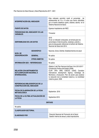 Plan Nacional de Salud Sexual y Salud Reproductiva 2017 - 2021
258
INTERPRETACIÓN DEL INDICADOR
Este indicador permitirá medir el porcentaje de
adolescentes de 10 a 14 años que fueron atendidas
por un evento obstétrico (parto, cesárea, aborto) en el
Sistema Nacional de Salud.
FUENTE DE DATOS Egresos hospitalarios del INEC
PERIODICIDAD DEL INDICADOR Y/O LAS
VARIABLES
Trimestral
DISPONIBILIDAD DE LOS DATOS
2016
Al ser un indicador compuesto, se tomará para los
porcentajes el total de partos, cesáreas y aborto y
para el presupuesto referencial el tarifario del Sistema
Nacional de Salud año 2014.
NIVEL DE
DESAGREGACIÓN
GEOGRÁFICO Nacional, Zonal, Distrital, Establecimientos de salud
GENERAL No aplica
OTROS ÁMBITOS No aplica
INFORMACIÓN GEO – REFERENCIADA No aplica
RELACIÓN CON INSTRUMENTOS
DE PLANIFICACIÓN NACIONAL E
INTERNACIONAL
Objetivo 3 del Plan Nacional del Buen Vivir 2013-2017
Constitución Política del Estado (2008)
CLAP, OPS- OMS, CAECID, USAID, Canadian
International development Agency. Estrategia de
Monitoreo y Evaluación. Plan de acción para acelerar
la reducción de la mortalidad materna y la morbilidad
materna grave. 2008
REFERENCIAS BIBLIOGRÁFICAS DE LA
CONSTRUCCIÓN DEL INDICADOR
FECHA DE ELABORACIÓN DE LA FICHA
METODOLÓGICA
Septiembre 2016
FECHA DE LA ÚLTIMA ACTUALIZACIÓN DE
LA FICHA
Septiembre 2016
SINTAXIS
No aplica
CLASIFICADOR SECTORIAL
ELABORADO POR
Dirección Nacional de Promoción de la Salud
Gestión Interna de sexual y salud reproductiva
 