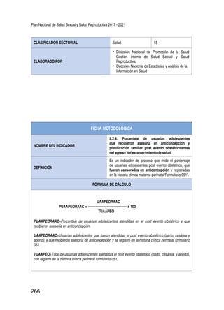 Plan Nacional de Salud Sexual y Salud Reproductiva 2017 - 2021
266
CLASIFICADOR SECTORIAL Salud 15
ELABORADO POR
•	 Dirección Nacional de Promoción de la Salud
Gestión interna de Salud Sexual y Salud
Reproductiva.
•	 Dirección Nacional de Estadística y Análisis de la
Información en Salud
FICHA METODOLÓGICA
NOMBRE DEL INDICADOR
8.2.4. Porcentaje de usuarias adolescentes
que recibieron asesoría en anticoncepción y
planificación familiar post evento obstétricoantes
del egreso del establecimiento de salud.
DEFINICIÓN
Es un indicador de proceso que mide el porcentaje
de usuarias adolescentes post evento obstétrico, que
fueron asesoradas en anticoncepción y registradas
en la historia clínica materna perinatal“Formulario 051”.
FÓRMULA DE CÁLCULO
UAAPEORAAC
PUAAPEORAAC = ------------------------------------ x 100
TUAAPEO
PUAAPEORAAC=Porcentaje de usuarias adolescentes atendidas en el post evento obstétrico y que
recibieron asesoría en anticoncepción.
UAAPEORAAC=Usuarias adolescentes que fueron atendidas el post evento obstétrico (parto, cesárea y
aborto), y que recibieron asesoría de anticoncepción y se registró en la historia clínica perinatal formulario
051.
TUAAPEO=Total de usuarias adolescentes atendidas el post evento obstétrico (parto, cesárea, y aborto),
con registro de la historia clínica perinatal formulario 051.
 