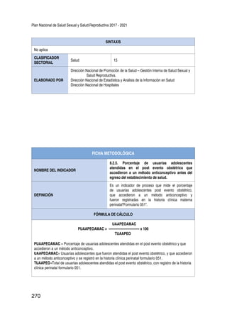 Plan Nacional de Salud Sexual y Salud Reproductiva 2017 - 2021
270
SINTAXIS
No aplica
CLASIFICADOR
SECTORIAL
Salud 15
ELABORADO POR
Dirección Nacional de Promoción de la Salud – Gestión Interna de Salud Sexual y
Salud Reproductiva.
Dirección Nacional de Estadística y Análisis de la Información en Salud
Dirección Nacional de Hospitales
FICHA METODOLÓGICA
NOMBRE DEL INDICADOR
8.2.5. Porcentaje de usuarias adolescentes
atendidas en el post evento obstétrico que
accedieron a un método anticonceptivo antes del
egreso del establecimiento de salud.
DEFINICIÓN
Es un indicador de proceso que mide el porcentaje
de usuarias adolescentes post evento obstétrico,
que accedieron a un método anticonceptivo y
fueron registradas en la historia clínica materna
perinatal“Formulario 051”.
FÓRMULA DE CÁLCULO
UAAPEOAMAC
PUAAPEOAMAC = ---------------------------- x 100
TUAAPEO
PUAAPEOAMAC = Porcentaje de usuarias adolescentes atendidas en el post evento obstétrico y que
accedieron a un método anticonceptivo.
UAAPEOAMAC= Usuarias adolescentes que fueron atendidas el post evento obstétrico, y que accedieron
a un método anticonceptivo y se registró en la historia clínica perinatal formulario 051.
TUAAPEO=Total de usuarias adolescentes atendidas el post evento obstétrico, con registro de la historia
clínica perinatal formulario 051.
 