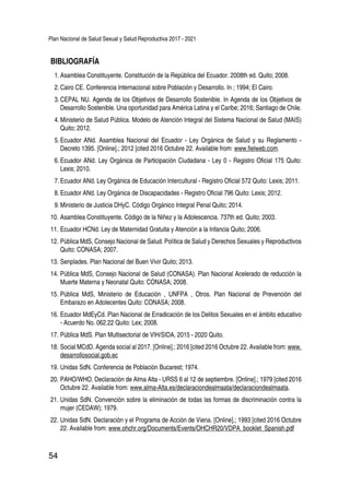 Plan Nacional de Salud Sexual y Salud Reproductiva 2017 - 2021
54
1.	Asamblea Constituyente. Constitución de la República del Ecuador. 2008th ed. Quito; 2008.
2.	Cairo CE. Conferencia Internacional sobre Población y Desarrollo. In ; 1994; El Cairo.
3.	CEPAL NU. Agenda de los Objetivos de Desarrollo Sostenible. In Agenda de los Objetivos de
Desarrollo Sostenible. Una oportunidad para América Latina y el Caribe; 2016; Santiago de Chile.
4.	Ministerio de Salud Pública. Modelo de Atención Integral del Sistema Nacional de Salud (MAIS)
Quito; 2012.
5.	Ecuador ANd. Asamblea Nacional del Ecuador - Ley Orgánica de Salud y su Reglamento -
Decreto 1395. [Online].; 2012 [cited 2016 Octubre 22. Available from: www.fielweb.com.
6.	Ecuador ANd. Ley Orgánica de Participación Ciudadana - Ley 0 - Registro Oficial 175 Quito:
Lexis; 2010.
7.	Ecuador ANd. Ley Orgánica de Educación Intercultural - Registro Oficial 572 Quito: Lexis; 2011.
8.	Ecuador ANd. Ley Orgánica de Discapacidades - Registro Oficial 796 Quito: Lexis; 2012.
9.	Ministerio de Justicia DHyC. Código Orgánico Integral Penal Quito; 2014.
10.	Asamblea Constituyente. Código de la Niñez y la Adolescencia. 737th ed. Quito; 2003.
11.	Ecuador HCNd. Ley de Maternidad Gratuita y Atención a la Infancia Quito; 2006.
12.	Pública MdS, Consejo Nacional de Salud. Política de Salud y Derechos Sexuales y Reproductivos
Quito: CONASA; 2007.
13.	Senplades. Plan Nacional del Buen Vivir Quito; 2013.
14.	Pública MdS, Consejo Nacional de Salud (CONASA). Plan Nacional Acelerado de reducción la
Muerte Materna y Neonatal Quito: CONASA; 2008.
15.	Pública MdS, Ministerio de Educación , UNFPA , Otros. Plan Nacional de Prevención del
Embarazo en Adolecentes Quito: CONASA; 2008.
16.	Ecuador MdEyCd. Plan Nacional de Erradicación de los Delitos Sexuales en el ámbito educativo
- Acuerdo No. 062.22 Quito: Lex; 2008.
17.	Pública MdS. Plan Multisectorial de VIH/SIDA, 2015 - 2020 Quito.
18.	Social MCdD. Agenda social al 2017. [Online].; 2016 [cited 2016 Octubre 22. Available from: www.
desarrollosocial.gob.ec
19.	Unidas SdN. Conferencia de Población Bucarest; 1974.
20.	PAHO/WHO. Declaración de Alma Alta - URSS 6 al 12 de septiembre. [Online].; 1979 [cited 2016
Octubre 22. Available from: www.alma-Alta.es/declaraciondealmaata/declaraciondealmaata.
21.	Unidas SdN. Convención sobre la eliminación de todas las formas de discriminación contra la
mujer (CEDAW); 1979.
22.	Unidas SdN. Declaración y el Programa de Acción de Viena. [Online].; 1993 [cited 2016 Octubre
22. Available from: www.ohchr.org/Documents/Events/OHCHR20/VDPA_booklet_Spanish.pdf
BIBLIOGRAFÍA
 