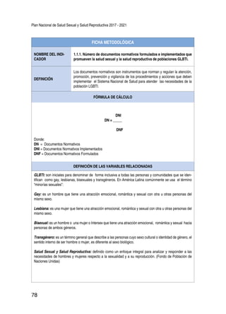 Plan Nacional de Salud Sexual y Salud Reproductiva 2017 - 2021
78
FICHA METODOLÓGICA
NOMBRE DEL INDI-
CADOR
1.1.1. Número de documentos normativos formulados e implementados que
promueven la salud sexual y la salud reproductiva de poblaciones GLBTI.
DEFINICIÓN
Los documentos normativos son instrumentos que norman y regulan la atención,
promoción, prevención y vigilancia de los procedimientos y acciones que deben
implementar el Sistema Nacional de Salud para atender las necesidades de la
población LGBTI.
FÓRMULA DE CÁLCULO
DNI
DN = _____
DNF
Donde:
DN = Documentos Normativos
DNI = Documentos Normativos Implementados
DNF = Documentos Normativos Formulados
DEFINICIÓN DE LAS VARIABLES RELACIONADAS
GLBTI: son iniciales para denominar de forma inclusiva a todas las personas y comunidades que se iden-
tifican como gay, lesbianas, bisexuales y transgéneros. En América Latina comúnmente se usa el término
“minorías sexuales”:
Gay: es un hombre que tiene una atracción emocional, romántica y sexual con otra u otras personas del
mismo sexo.
Lesbiana: es una mujer que tiene una atracción emocional, romántica y sexual con otra u otras personas del
mismo sexo.
Bisexual: es un hombre o una mujer o Intersex que tiene una atracción emocional, romántica y sexual hacia
personas de ambos géneros.
Transgénero: es un término general que describe a las personas cuyo sexo cultural o identidad de género, el
sentido interno de ser hombre o mujer, es diferente al sexo biológico.
Salud Sexual y Salud Reproductiva: definido como un enfoque integral para analizar y responder a las
necesidades de hombres y mujeres respecto a la sexualidad y a su reproducción. (Fondo de Población de
Naciones Unidas)
 