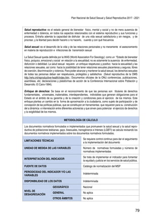 Plan Nacional de Salud Sexual y Salud Reproductiva 2017 - 2021
79
Salud reproductiva: es el estado general de bienestar físico, mental y social y no de mera ausencia de
enfermedad o dolencia, en todos los aspectos relacionados con el sistema reproductivo y sus funciones y
procesos. Entraña además la capacidad de disfrutar de una vida sexual satisfactoria y sin riesgos, y de
procrear, y la libertad para decidir hacerlo o no hacerlo, cuando y con qué frecuencia
Salud sexual: es el desarrollo de la vida y de las relaciones personales y no meramente el asesoramiento
en materia de reproducción e infecciones de transmisión sexual
La Salud Sexual queda definida por la WAS (World Association For Sexology) como un “Estado de bienestar
físico, psíquico, emocional y social en relación a la sexualidad; no es solamente la ausencia de enfermedad,
disfunción o debilidad. La salud sexual requiere un enfoque respetuoso y positivo hacia la sexualidad y las
relaciones sexuales, así como hacia la posibilidad de tener relaciones sexuales placenteras y seguras, libres
de coerción, discriminación y violencia. Para poder alcanzar y mantener la salud sexual, los derechos sexuales
de todas las personas deban ser respetuosos, protegidos y satisfechos (Salud reproductiva de la OMS
http://who.int/reproductive-health/index.htm.; Documentos oficiales de la ONU conferencias, publicaciones,
asambleas, etc; declaraciones y plataformas de acción de la Conferencia Internacional sobre Población y
Desarrollo: El Cairo-1994).
Enfoque de derechos: Se basa en el reconocimiento de que las personas son titulares de derechos
fundamentales, universales, inalienables, interdependientes, indivisibles que generan obligaciones para el
Estado en el ámbito de su garantía y de la creación y condiciones para el ejercicio de los mismos. Este
enfoque plantea un cambio en la forma de aproximación a la ciudadanía, como sujeto de participación y de
concepción de las políticas públicas, que se constituyen en herramientas que requieren para su construcción
del a dinámica e interrelación entre diferentes actores/as y que sirven para potenciar el ejercicio de derechos
y la exigibilidad de los mismos.
METODOLOGÍA DE CÁLCULO
Los documentos normativos formulados e implementados que promueven la salud sexual y la salud repro-
ductiva de poblaciones lesbianas, gays, bisexuales, transgéneros e Intersex (LGBTI) se calcula revisando los
documentos normativos implementados sobre los documentos normativos formulados.
LIMITACIONES TÉCNICAS
Se requiere control continuo para dar el seguimiento
a la implementación del documento
UNIDAD DE MEDIDA DE LAS VARIABLES Número de normativas formuladas y números de
normativas implementadas
INTERPRETACIÓN DEL INDICADOR
Se trata de implementar el indicador para fomentar
la equidad y justicia en los servicios de salud pública.
FUENTE DE DATOS Catálogo de normatización del MSP
PERIODICIDAD DEL INDICADOR Y/O LAS
VARIABLES
Indeterminada
DISPONIBILIDAD DE LOS DATOS Indeterminada
NIVEL DE
DESAGREGACIÓN
GEOGRÁFICO Nacional
GENERAL No aplica
OTROS ÁMBITOS No aplica
 
