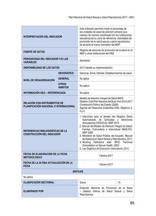 Plan Nacional de Salud Sexual y Salud Reproductiva 2017 - 2021
85
INTERPRETACIÓN DEL INDICADOR
Este indicador permitirá medir el porcentaje de
las unidades de salud de atención primaria que
realizan de manera coordinada con las instituciones
educativas de su zona de referencia, actividades de
promoción de la salud sexual y salud reproductiva
de acuerdo al marco normativo del MSP.
FUENTE DE DATOS
Registro de acciones de promoción de la salud en el
MSP y otras instituciones del SNS.
PERIODICIDAD DEL INDICADOR Y/O LAS
VARIABLES
Semestral
DISPONIBILIDAD DE LOS DATOS 2017 (desde su implementación)
NIVEL DE DESAGREGACIÓN
GEOGRÁFICO Nacional, Zonal, Distrital, Establecimientos de salud
GENERAL No aplica
OTROS
ÁMBITOS
No aplica
INFORMACIÓN GEO – REFERENCIADA No aplica
RELACIÓN CON INSTRUMENTOS DE
PLANIFICACIÓN NACIONAL E INTERNACIONAL
Modelo de Atención Integral de Salud-MAIS.
Objetivo 3 del Plan Nacional del Buen Vivir 2013-2017
Constitución Política del Estado (2008)
Agenda del Desarrollo Sostenible 2030. Objetivos 3,
4 y 5.
REFERENCIAS BIBLIOGRÁFICAS DE LA
CONSTRUCCIÓN DEL INDICADOR
1.	Instructivo para el llenado del Registro Diario
Automatizado de Consultas y Atenciones
Ambulatorias (RDACCA). MSP 2013
2.	Manual del Modelo de Atención Integral de Salud.
Familiar, Comunitaria e Intercultural MAIS-FCI.
MSP 2009
3.	Ministerio de Salud Pública del Ecuador. Manual
de Asesoría en Salud Sexual y Reproductiva, 2017.
4.	Working Definitions after WHO Technical
Consultation on Sexual Health, 2002
5.	Ley Orgánica de Educación Intercultural, 2015
FECHA DE ELABORACIÓN DE LA FICHA
METODOLÓGICA
Febrero 2017
FECHA DE LA ÚLTIMA ACTUALIZACIÓN DE LA
FICHA
Febrero 2017
SINTAXIS
No aplica
CLASIFICADOR SECTORIAL Salud 15
ELABORADO POR
Dirección Nacional de Promoción de la Salud
– Gestión Interna de Salud Sexual y Salud
Reproductiva.
 