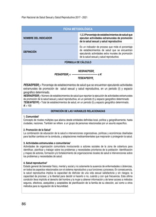 Plan Nacional de Salud Sexual y Salud Reproductiva 2017 - 2021
86
FICHA METODOLÓGICA
NOMBRE DEL INDICADOR
1.2.3 Porcentaje de establecimientos de salud que
ejecutan actividades extramurales de promoción
de la salud sexual y salud reproductiva
DEFINICIÓN
Es un indicador de proceso que mide el porcentaje
de establecimientos de salud que se encuentran
ejecutando actividades extra murales de promoción
de la salud sexual y salud reproductiva
FÓRMULA DE CÁLCULO
NESRAEPSSRt
PESAEPSSRt
= ---------------------------------- x K
TESEAPSSYRt
PESAEPSSRt
= Porcentaje de establecimientos de salud que se encuentran ejecutando actividades
extramurales de promoción de salud sexual y salud reproductiva, en un periodo (t) y espacio
geográfico determinado.
NESRAEPSSRt
= Número de establecimientos de salud que reportan la ejecución de actividades extramurales
de promoción de la salud sexual y salud reproductiva, en un periodo (t) y espacio geográfico determinado
TESEAPSSYRt
= Total de establecimientos de salud, en un periodo (t) y espacio geográfico determinado.
K = 100
DEFINICIÓN DE LAS VARIABLES RELACIONADAS
1. Comunidad1
Concepto de niveles múltiples que abarca desde entidades definidas local, política y geográficamente, hasta
ciudades, naciones. También se refiere a un grupo de personas relacionadas por un asunto específico.
2. Promoción de la Salud1
La combinación de educación de la salud e intervenciones organizativas, políticas y económicas diseñadas
para facilitar cambios en la conducta, y adaptaciones medioambientales que mejorarán o protegerán la salud.
3. Actividades extramurales o comunitarias1
Actividades de organización comunitaria involucrando a actores sociales de la zona de cobertura para
identificar, planificar y trabajar sobre los problemas y necesidades prioritarios de la población: Identificación
y mapeo de actores, formación y/o fortalecimiento de organizaciones locales de salud e intervenciones sobre
los problemas y necesidades de salud.
4. Salud reproductiva2
Estado general de bienestar físico, mental y social y no solamente la ausencia de enfermedades o dolencias,
en todos los aspectos relacionados con el sistema reproductivo y sus funciones y procesos. En consecuencia,
la salud reproductiva implica la capacidad de disfrutar de una vida sexual satisfactoria y sin riesgos; la
capacidad de procrear; y la libertad para decidir si hacerlo o no, cuándo y con qué frecuencia. Esta última
condición lleva implícito el derecho del hombre y la mujer a obtener información y de tener acceso a métodos
seguros, efectivos, asequibles y aceptables de planificación de la familia de su elección, así como a otros
métodos para la regulación de la fecundidad.
 