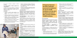 44 MINISTERIO DE AGRICULTURA Y RIEGO PLAN NACIONAL DE DESARROLLO GANADERO 2017-2027 45
Para lograr este objetivo se plantean 5 acciones
estratégicas
7.2.1. Acción Estratégica 1. Mejorar la gestión de los
recursos genéticos
La gestión de los recursos genéticos es fundamental
para elevar la productividad de los animales e involucra
disponer de material genético apropiado según las
condiciones de crianza.
ACTIVIDADES:
•	 Establecer y fortalecer núcleos genéticos en las
diferentes regiones geográficas estratégicas según
especie.
•	 Promover el desarrollo de Centros de Producción de
Reproductores (CPRs) a nivel regional según especie.
•	Establecer bancos de germoplasma para la
conservación de la genética de las especies nativas y
foráneas adaptadas a las condiciones del país.
•	 Impulsar la inscripción de los animales a registros
genealógicos descentralizando sus actividades.
•	 Desarrollar servicios de control de producción lechera
para la identificación de animales élite.
•	 Impulsar el desarrollo de empresas prestadoras de
servicios de biotecnología reproductiva, certificados
por competencias y articular los servicios de
biotecnología en el país.
•	 Fortalecer las capacidades de productores y técnicos
en el manejo de las biotecnologías reproductivas de
las distintas especies ganaderas.
Actores Responsables:
MINAGRI (Dirección General de Ganadería, INIA, Programa
AGRORURAL, Programa AGROIDEAS, SERVIAGRO, Plan
AGROJOVEN), gobiernos regionales, gobiernos locales,
organizaciones de productores, ONGs especializadas y
universidades. En coordinación con INNOVATE, CIENCIA
ACTIVA, entre otros.
7.2.2. Acción Estratégica 2.   Mejorar la gestión de los
recursos alimenticios
La alimentación es la principal prioridad del productor,
siendo su insuficiencia una de las causas de la baja
productividad. La mejora de su gestión requiere
fundamentalmente incrementar la producción de pasto
por hectárea, así como el aprovechamiento de otros
insumos alimenticios.
44 PLAN NACIONAL DE DESARROLLO GANADERO 2017-2027
Actores Responsables:
MINAGRI (Dirección General de Ganadería, INIA, Programa
AGRORURAL, Programa Subsectorial de Irrigaciones,
Programa AGROIDEAS, Programa SIERRA AZUL,
SERVIAGRO), gobiernos regionales, gobiernos locales,
organizaciones de productores, ONGs especializadas,
universidades, entre otras.
7.2.3. Acción Estratégica 3. Implementación de
herramientas adecuadas de prevención y control
sanitario
El manejo adecuado de la sanidad animal reduce las
consecuencias negativas en la salud humana, en la
productividad de los animales y en el acceso al mercado.
ACTIVIDADES:
•	 Ampliar los servicios de control y erradicación de
enfermedades de interés nacional.
•	 Diseñar e implementar protocolos para la protección
animal frente al ingreso de enfermedades foráneas.
ACTIVIDADES:
•	 Promovemos la instalación de pastos cultivados a nivel
nacional.
• Impulsar actividades de capacitación y asistencia
técnica para la instalación y manejo de equipos de riego
tecnificado.
•	 Promover la construcción de reservorios en zonas con
potencial ganadero.
•	 Incentivar el desarrollo de proyectos y/o planes de
negocios para el equipamiento con riego tecnificado
destinado a la instalación de pastos cultivados
permanentes.
•	 Promover la producción de semillas de pastos de altos
rendimientos y de alto valor nutritivo.
•	 Fortalecer las capacidades y habilidades de los
productores ganaderos en el uso de pastos, suplementos
y productos agroindustriales para la alimentación animal.
•	 Mejorar el control para el tránsito internacional y
movimiento interno de mercancías ganaderas.
•	 Certificar sanitariamente a los centros de producción
de genética animal.
•	 Fortalecer las capacidades de los productores en
control y prevención de enfermedades de interés
nacional.
Actores Responsables:
MINAGRI (Dirección General de Ganadería, SENASA,
Programa AGRORURAL), gobiernos regionales,
gobiernos locales, organizaciones de productores, ONGs
especializadas, universidades, entre otras.
7.2.4. Acción Estratégica 4.  Promover el desarrollo de
infraestructura productiva
El manejo de los animales requiere de infraestructura para
incrementar su eficiencia y asegurar el bienestar animal,
no obstante, es evidente la deficiente infraestructura en
la que se crían los animales en el país, lo cual constituye
una limitante más para que la actividad ganadera sea
competitiva.
ACTIVIDADES:
•	 Fomentar iniciativas para la inversión pública en
infraestructura productiva a nivel regional y local.
•	 Promover el desarrollo de planes de negocio para la
mejora de la infraestructura productiva.
•	 Fortalecer las capacidades de los productores en
el diseño, construcción, uso y mantenimiento de
infraestructura productiva.
Actores Responsables:
MINAGRI (Dirección General de Ganadería, Programa
AGROIDEAS, Programa AGRORURAL), gobiernos regio-
nales, gobiernos locales, organizaciones de productores,
ONGs especializadas, universidades, entre otros.
El Programa Nacional
de Pastos Cultivados
promoverá la instalación
de más de 25,000
hectáreas en el año 2017.
Se espera que para el
2021 se hayan instalado
150,000 hectáreas.
 