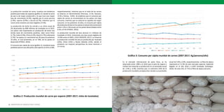 12 MINISTERIO DE AGRICULTURA Y RIEGO PLAN NACIONAL DE DESARROLLO GANADERO 2017-2027 13
La producción mundial de carne, muestra una tendencia
positiva para todas las especies (gráfico 2), siendo la carne
de ave la de mayor producción y la que tuvo una mayor
tasa de crecimiento (4.5%), seguido por la carne porcina
(1.9%), caprina (0.9%) y vacuna (0.7%), mientras que la
carne ovina muestra una tasa negativa (-0.3%).
La producción de leche ha crecido a un ritmo anual de
2% alcanzando las 808 millones de toneladas en el 2015.
Los países más importantes en producción de leche han
tenido tasas de crecimiento positivas, tales como EEUU
(1.7%), India (5.9%), China (3.4%), Brasil (3.7%) y Alemania
(1.5%). Se espera un crecimiento de 3% para los próximos
10 años, el cual provendrá, en un 78%, de los países en
desarrollo (FEPALE, 2016).
El consumo per cápita de carne (gráfico 3), mantiene tasas
positivas para el caso del pollo y del caprino (2.01% y 0.8%,
respectivamente), mientras que en el resto de las carnes
se observa un decrecimiento (Porcinos, -0.1%; Vacunos,
-0.3% y Ovinos, -0.6%). Se evidencia que el consumo per
cápita de carnes se incrementará en los países con bajo
consumo, mientras que se reducirá en aquellos de mayor
consumo. En los próximos 10 años, el consumo per cápita
deproductoslácteosenlospaísesendesarrolloaumentará
entre 1.2% a 1.9% anual y en los países desarrollados entre
0.2% a 0.5% (FEPALE, 2016).
La producción mundial de lana alcanzó 2.1 millones de
toneladas al 2014, mostrando una tasa anual negativa de
-0.59% entre el 2005 y 2014 (FAOSTAT, 2017). La mitad de
la producción mundial de lana es producida por Australia
(22%), China (15%) y Nueva Zelanda (12%), siendo el
producto con mayores perspectivas las lanas menores a
23 micras.
En el mercado internacional de pelos finos, se ha
observado entre 1990 y el 2010 que el pelo de angora y
mohair han reducido su producción en un promedio anual
de -2.9% y -6.9%; mientras que, el cashmere (54% de la
producción mundial) y la alpaca han crecido a un promedio
anual de 5.0% y 2.8%, respectivamente. La fibra de alpaca
representa el 11.9% de este mercado especial, habiendo
llegado en el año 2016 a 6,450 toneladas (Aréstegui,
2016). De esta cifra, el 71% es fibra de alpaca peruana.
3,400
5,400
7,400
9,400
11,400
13,400
15,400
2007 2008 2009 2010 2011 2012 2013 2014 2015 2016 2017
Gráfico 2. Producción mundial de carne por especie (2007-2017; Miles de
toneladas)
Ovinos Vacunos* Caprinos Porcinos* Aves*
Gráfico 2: Producción mundial de carne por especie (2007-2017; miles de toneladas)
Gráfico 3: Consumo per cápita mundial de carnes (2007-2017; Kg/persona/año)
 