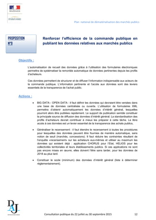 Plan national de dématérialisation des marchés publics
Renforcer l’efficience de la commande publique en
publiant les données relatives aux marchés publics
Objectifs :
L’automatisation de recueil des données grâce à l’utilisation des formulaires électroniques
permettra de systématiser la remontée automatique de données pertinentes depuis les profils
d’acheteurs.
Ces données permettent de structurer et de diffuser l’information indispensable aux acteurs de
la commande publique. L’information pertinente et l’accès aux données sont des leviers
essentiels de la transparence de l’achat public.
Actions :
• BIG DATA - OPEN DATA : il faut définir les données qui devraient être versées dans
une base de données centralisée ou ouverte. L’utilisation de formulaires XML
permettra d’obtenir automatiquement les données d’intérêt général, lesquelles
pourront alors être publiées rapidement. Le support de publication semble constituer
la principale source de diffusion des données d’intérêt général. La standardisation des
profils d’acheteurs devrait contribuer à mieux les préparer à cette tâche. Le libre
accès à ces données est un levier essentiel de la transparence des achats publics.
• Généraliser le recensement : il faut étendre le recensement à toutes les procédures
pour lesquelles des données peuvent être fournies de manière automatique, sans
notion de seuil (marchés, concessions). Il faut réduire les contraintes résultant de
l’enquête «recensement» sur les acheteurs eux-mêmes et utiliser au maximum les
données qui existent déjà : application CHORUS pour l’Etat, HELIOS pour les
collectivités territoriales et leurs établissements publics. Si ces applications ne sont
pas encore mises en œuvre, elles doivent l’être sans tarder, pour les données de
2018 au plus tard.
• Constituer le socle (minimum) des données d’intérêt général (liste à déterminer
règlementairement).
PROPOSITION
N°9
Consultation publique du 22 juillet au 30 septembre 2015 12
 