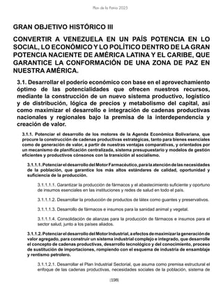 [198]
Plan de la Patria 2025
GRAN OBJETIVO HISTÓRICO III
CONVERTIR A VENEZUELA EN UN PAÍS POTENCIA EN LO
SOCIAL, LO ECONÓMICO Y LO POLÍTICO DENTRO DE LAGRAN
POTENCIA NACIENTE DE AMÉRICA LATINA Y EL CARIBE, QUE
GARANTICE LA CONFORMACIÓN DE UNA ZONA DE PAZ EN
NUESTRA AMÉRICA.
3.1. Desarrollar el poderío económico con base en el aprovechamiento
óptimo de las potencialidades que ofrecen nuestros recursos,
mediante la construcción de un nuevo sistema productivo, logístico
y de distribución, lógica de precios y metabolismo del capital, así
como maximizar el desarrollo e integración de cadenas productivas
nacionales y regionales bajo la premisa de la interdependencia y
creación de valor.
3.1.1. Potenciar el desarrollo de los motores de la Agenda Económica Bolivariana, que
procure la construcción de cadenas productivas estratégicas, tanto para bienes esenciales
como de generación de valor, a partir de nuestras ventajas comparativas, y orientados por
un mecanismo de planificación centralizada, sistema presupuestario y modelos de gestión
eficientes y productivos cónsonos con la transición al socialismo.
3.1.1.1.PotenciareldesarrollodelMotorFarmacéutico,paralaatencióndelasnecesidades
de la población, que garantice los más altos estándares de calidad, oportunidad y
suficiencia de la producción.
3.1.1.1.1. Garantizar la producción de fármacos y el abastecimiento suficiente y oportuno
de insumos esenciales en las instituciones y redes de salud en todo el país.
3.1.1.1.2. Desarrollar la producción de productos de látex como guantes y preservativos.
3.1.1.1.3. Desarrollo de fármacos e insumos para la sanidad animal y vegetal.
3.1.1.1.4. Consolidación de alianzas para la producción de fármacos e insumos para el
sector salud, junto a los países aliados.
3.1.1.2.PotenciareldesarrollodelMotorIndustrial,aefectosdemaximizarlageneraciónde
valor agregado, para construir un sistema industrial complejo e integrado, que desarrolle
el concepto de cadenas productivas, desarrollo tecnológico y del conocimiento, proceso
de sustitución de importaciones, rompiendo con el esquema de industria de ensamblaje
y rentismo petrolero.
3.1.1.2.1. Desarrollar el Plan Industrial Sectorial, que asuma como premisa estructural el
enfoque de las cadenas productivas, necesidades sociales de la población, sistema de
 