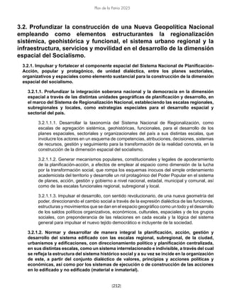 [212]
Plan de la Patria 2025
3.2. Profundizar la construcción de una Nueva Geopolítica Nacional
empleando como elementos estructurantes la regionalización
sistémica, geohistórica y funcional, el sistema urbano regional y la
infraestructura, servicios y movilidad en el desarrollo de la dimensión
espacial del Socialismo.
3.2.1. Impulsar y fortalecer el componente espacial del Sistema Nacional de Planificación-
Acción, popular y protagónico, de unidad dialéctica, entre los planes sectoriales,
organizativos y espaciales como elemento sustancial para la construcción de la dimensión
espacial del socialismo.
3.2.1.1. Profundizar la integración soberana nacional y la democracia en la dimensión
espacial a través de las distintas unidades geográficas de planificación y desarrollo, en
el marco del Sistema de Regionalización Nacional, estableciendo las escalas regionales,
subregionales y locales, como estrategias especiales para el desarrollo espacial y
sectorial del país.
3.2.1.1.1. Desarrollar la taxonomía del Sistema Nacional de Regionalización, como
escalas de agregación sistémica, geohistóricas, funcionales, para el desarrollo de los
planes espaciales, sectoriales y organizacionales del país a sus distintas escalas, que
involucre los actores en un esquema de competencias, atribuciones, decisiones, sistemas
de recursos, gestión y seguimiento para la transformación de la realidad concreta, en la
construcción de la dimensión espacial del socialismo.
3.2.1.1.2. Generar mecanismos populares, constitucionales y legales de apoderamiento
de la planificación-acción, a efectos de emplear al espacio como dimensión de la lucha
por la transformación social, que rompa los esquemas inocuos del simple ordenamiento
academicista del territorio y desarrolle un rol protagónico del Poder Popular en el sistema
de planes, acción, gestión y gobierno a nivel nacional, estadal, municipal y comunal, así
como de las escalas funcionales regional, subregional y local.
3.2.1.1.3. Impulsar el desarrollo, con sentido revolucionario, de una nueva geometría del
poder, direccionando el cambio social a través de la expresión dialéctica de las funciones,
estructuras y movimientos que se dan en el espacio geográfico como un todo y el desarrollo
de los saldos políticos organizativos, económicos, culturales, espaciales y de los grupos
sociales, con preponderancia de las relaciones en cada escala y la lógica del sistema
general para impulsar el nuevo tejido democrático e incluyente de la sociedad.
3.2.1.2. Normar y desarrollar de manera integral la planificación, acción, gestión y
desarrollo del sistema edificado con las escalas regional, subregional, de la ciudad,
urbanismos y edificaciones, con direccionamiento político y planificación centralizada,
en sus distintas escalas, como un sistema interrelacionado e indivisible, a través del cual
se refleja la estructura del sistema histórico social y a su vez se incide en la organización
de este, a partir del conjunto dialéctico de valores, principios y acciones políticas y
económicas, así como por los sistemas de ejecución o de construcción de las acciones
en lo edificado y no edificado (material e inmaterial).
 