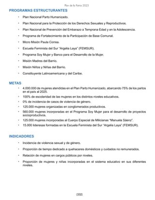 [332]
Plan de la Patria 2025
PROGRAMAS ESTRUCTURANTES
• Plan Nacional Parto Humanizado.
• Plan Nacional para la Protección de los Derechos Sexuales y Reproductivos.
• Plan Nacional de Prevención del Embarazo a Temprana Edad y en la Adolescencia.
• Programa de Fortalecimiento de la Participación de Base Comunal.
• Micro Misión Paula Correa.
• Escuela Feminista del Sur “Argelia Laya” (FEMSUR).
• Programa Soy Mujer y Banco para el Desarrollo de la Mujer.
• Misión Madres del Barrio.
• Misión Niños y Niñas del Barrio.
• Constituyente Latinoamericana y del Caribe.
METAS
• 4.000.000 de mujeres atendidas en el Plan Parto Humanizado, abarcando 75% de los partos
en el país al 2025.
• 100% de escolaridad de las mujeres en los distintos niveles educativos.
• 0% de incidencia de casos de violencia de género.
• 125.000 mujeres organizadas en conglomerados productivos.
• 560.000 mujeres incorporadas en el Programa Soy Mujer para el desarrollo de proyectos
socioproductivos.
• 125.000 mujeres incorporadas al Cuerpo Especial de Milicianas “Manuela Sáenz”.
• 15.000 lideresas formadas en la Escuela Feminista del Sur “Argelia Laya” (FEMSUR).
INDICADORES
• Incidencia de violencia sexual y de género.
• Proporción de tiempo dedicado a quehaceres domésticos y cuidados no remunerados.
• Relación de mujeres en cargos públicos por niveles.
• Proporción de mujeres y niñas incorporadas en el sistema educativo en sus diferentes
niveles.
 