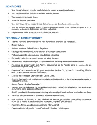 Plan de la Patria 2025
[345]
INDICADORES
• Tasa de participación popular en el disfrute de bienes y servicios culturales.
• Tasa de participación y visitas a museos, teatros y cines.
• Volumen de consumo de libros.
• Índice de lectores y lectoras.
• Tasa de integración socioeconómica de los hacedores de cultura en Venezuela.
• Tasa de integración de las redes, organizaciones populares y del pueblo en general en el
quehacer y consumo de bienes y servicios culturales.
• Proporción de libros editados y distribuidos por persona.
PROGRAMAS ESTRUCTURANTES
• Sistema Nacional de Orquestas y Coros Juveniles e Infantiles de Venezuela.
• Misión Cultura.
• Sistema Nacional de las Culturas Populares.
• Catálogo del patrimonio cultural tangible e intangible venezolano.
• Plataforma para la producción de estadísticas culturales.
• Red socioproductiva de insumos para las artes visuales.
• Programa de protección integral y seguridad social para el pueblo creador venezolano.
• Programa de preservación del Acervo Documental de la Nación para el acceso de las
generaciones presentes y futuras.
• Programa “Laboratorio Infrarrojo”, para la creación, divulgación, promoción formación y difusión
de la obra musical en formato multimedia.
• Escuela de Formación Literaria Víctor Valera Mora.
• Museos: Formación e Investigación para la Inclusión Social de la Juventud Venezolana para el
Trabajo Productivo.
• Somos Danza, Orgullo Venezolano.
• Sistema Integral de Formación para el Fortalecimiento de la Cultura Socialista desde el trabajo
comunitario como poder constituyente.
• Gestión para la visibilización, conocimiento y defensa del patrimonio cultural y natural venezolano.
• Servicios bibliotecarios de la Biblioteca Nacional de Venezuela.
• Plan Nacional de Estímulo al Libro y la Lectura. Edición, producción, promoción y difusión de
títulos de la cultura nuestroamericana y caribeña, impresa y multimedia.
• Patrimonio fílmico y audiovisual nacional e internacional.
• Programa territorial para la formación descolonizadora de la imagen.
 