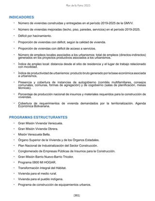 Plan de la Patria 2025
[361]
INDICADORES
• Número de viviendas construidas y entregadas en el período 2019-2025 de la GMVV.
• Número de viviendas mejoradas (techo, piso, paredes, servicios) en el período 2019-2025.
• Déficit por hacinamiento.
• Proporción de viviendas con déficit, según la calidad de vivienda.
• Proporción de viviendas con déficit de acceso a servicios.
• Número de empleos locales asociados a los urbanismos: total de empleos (directos-indirectos)
generados en los proyectos productivos asociados a los urbanismos.
• Índice de empleo local: distancia desde el sitio de residencia y el lugar de trabajo relacionado
con movilidad.
• Índice de productividad de urbanismos: producto bruto generado por la base económica asociada
a urbanismos.
• Presencia y cobertura de instancias de autogobierno (comités multifamiliares, consejos
comunales, comunas, formas de agregación) y de cogobierno (salas de planificación, mesas
técnicas).
• Porcentaje de producción nacional de insumos y materiales requeridos para la construcción de
viviendas.
• Cobertura de requerimientos de vivienda demandados por la territorialización. Agenda
Económica Bolivariana.
PROGRAMAS ESTRUCTURANTES
• Gran Misión Vivienda Venezuela.
• Gran Misión Vivienda Obrera.
• Misión Venezuela Bella.
• Órgano Superior de la Vivienda y de los Órganos Estadales.
• Plan Nacional de Industrialización del Sector Construcción.
• Conglomerado de Empresas Públicas de Insumos para la Construcción.
• Gran Misión Barrio Nuevo-Barrio Tricolor.
• Programa 0800 MI HOGAR.
• Transformación Integral del Hábitat.
• Vivienda para el medio rural.
• Vivienda para el pueblo indígena.
• Programa de construcción de equipamientos urbanos.
 