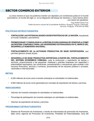 [372]
Plan de la Patria 2025
SECTOR COMERCIO EXTERIOR
La única manera en que nos podemos insertar con dignidad y en condiciones justas en el mundo
posmoderno, el mundo del siglo xxi, es la integración del bloque de naciones o, como hemos dicho,
una nación de repúblicas.
Hugo Rafael Chávez Frías
Rueda de prensa conjunta de los presidentes de Bolivia, Paraguay, Uruguay y Venezuela.
Asunción, Paraguay, 19 de abril de 2006
POLÍTICAS ESTRUCTURANTES
• FORTALECER LAS POTENCIALIDADES GEOESTRATÉGICAS DE LA NACIÓN, impulsando
el mundo multipolar y pluricéntrico.
• PROMOCIONAR Y CONSOLIDAR A LA REPÚBLICA BOLIVARIANA DE VENEZUELA COMO
UN DESTINO CONFIABLE PARA LAS INVERSIONES EXTRANJERAS EN EL MARCO DEL
DESARROLLO SOBERANO NACIONAL.
• FORTALECIMIENTO DE LA ACTIVIDAD PRODUCTIVA DE BASE EXPORTADORA, que
permitan generar divisas al país.
• DESARROLLO DE BASE PRODUCTIVA EXPORTADA A PARTIR DEL FORTALECIMIENTO
DEL SISTEMA ECONÓMICO COMUNAL, para la producción y exportación de bienes y
servicios, proporcionando a las pequeñas, medianas y grandes empresas con capacidad y
potencialidad exportadora, las condiciones, procedimientos y mecanismos para acceder a los
recursos financieros, técnicos y humanos, provenientes de los sectores públicos o privados,
nacionales e internacionales.
METAS
• 6.226 millones de euros como inversión extranjera en actividades no tradicionales.
• 6.000 millones de euros como generados por concepto de exportación de bienes y servicios.
INDICADORES
• Volumen de inversión extranjera en actividades no tradicionales.
• Porcentaje de participación de inversión extranjera en actividades no tradicionales.
• Volumen de exportación de bienes y servicios.
PROGRAMAS ESTRUCTURANTES
• Sistema de Promoción de Inversiones, a través de instrumentos de promoción de inversiones,
tales como: Agencia de Promoción de Inversiones, Portafolio de Potencialidades, Guía del
 