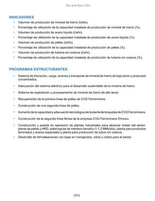 Plan de la Patria 2025
[375]
INDICADORES
• Volumen de producción de mineral de hierro (t/año).
• Porcentaje de utilización de la capacidad instalada de producción de mineral de hierro (%).
• Volumen de producción de acero líquido (t/año).
• Porcentaje de utilización de la capacidad instalada de producción de acero líquido (%).
• Volumen de producción de pellas (t/año).
• Porcentaje de utilización de la capacidad instalada de producción de pellas (%).
• Volumen de producción de tubería sin costura (t/año).
• Porcentaje de utilización de la capacidad instalada de producción de tubería sin costura (%).
PROGRAMAS ESTRUCTURANTES
• Sistema de trituración, carga, acarreo y transporte de mineral de hierro de bajo tenor y productos
concentrados.
• Adecuación del sistema eléctrico para el desarrollo sustentable de la minería de hierro.
• Sistema de explotación y procesamiento de mineral de hierro de alto tenor.
• Recuperación de la primera línea de pellas de CVG Ferrominera.
• Construcción de una segunda línea de pellas.
• AumentodelacapacidadyadecuacióntecnológicadelaplantadebriquetasdeCVGFerrominera.
• Construcción de la segunda línea férrea de la empresa CVG Ferrominera Orinoco.
• Construcción y puesta en operación de plantas industriales para alcanzar metas del sector:
planta de pellas y HRD, siderúrgicas de mediano tamaño (1-1,2 MMt/año), planta para productos
laminados y aceros especiales y planta para producción de tubos sin costura.
• Desarrollo de ferroaleaciones con base en manganeso, sílice y niobio para el sector.
 