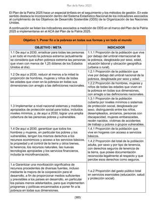 Plan de la Patria 2025
[385]
El Plan de la Patria 2025 hace un especial énfasis en el seguimiento y los métodos de gestión. En este
sentido destaca la incorporación dentro del Sistema Estadístico Nacional de los indicadores asociados
al cumplimiento de los Objetivos de Desarrollo Sostenible (ODS) de la Organización de las Naciones
Unidas.
A continuación se listan los indicadores asociados a medición de ODS en el marco del Plan de la Patria
2025 a implementarse en el ACA del Plan de la Patria 2025.
Objetivo 1. Poner fin a la pobreza en todas sus formas y en todo el mundo
OBJETIVO / META INDICADOR
1.1 De aquí a 2030, erradicar para todas las personas
y en todo el mundo la pobreza extrema (actualmente
se considera que sufren pobreza extrema las personas
que viven con menos de 1,25 dólares de los Estados
Unidos al día).
1.1.1 Proporción de la población que vive
por debajo del umbral internacional de
la pobreza, desglosada por sexo, edad,
situación laboral y ubicación geográfica
(urbana o rural).
1.2 De aquí a 2030, reducir al menos a la mitad la
proporción de hombres, mujeres y niños de todas
las edades que viven en la pobreza en todas sus
dimensiones con arreglo a las definiciones nacionales.
1.2.1 Proporción de la población que
vive por debajo del umbral nacional de la
pobreza, desglosada por sexo y edad.
1.2.2 Proporción de hombres, mujeres y
niños de todas las edades que viven en
la pobreza en todas sus dimensiones,
con arreglo a las definiciones nacionales.
1.3 Implementar a nivel nacional sistemas y medidas
apropiados de protección social para todos, incluidos
niveles mínimos, y, de aquí a 2030, lograr una amplia
cobertura de las personas pobres y vulnerables.
1.3.1 Proporción de la población
cubierta por niveles mínimos o sistemas
de protección social, desglosada por
sexo, distinguiendo entre los niños,
desempleados, ancianos, personas con
discapacidad, mujeres embarazadas,
recién nacidos, víctimas de accidentes
de trabajo y pobres o grupos vulnerables.
1.4 De aquí a 2030, garantizar que todos los
hombres y mujeres, en particular los pobres y los
vulnerables, tengan los mismos derechos a los
recursos económicos y acceso a los servicios básicos,
la propiedad y el control de la tierra y otros bienes,
la herencia, los recursos naturales, las nuevas
tecnologías apropiadas y los servicios financieros,
incluida la microfinanciación.
1.4.1 Proporción de la población que
vive en hogares con acceso a servicios
básicos.
1.4.2 Proporción del total de la población
adulta, por sexo y por tipo de tenencia,
con derechos seguros de tenencia de
la tierra, que posee documentación
reconocida legalmente al respecto y que
percibe esos derechos como seguros.
1.a Garantizar una movilización significativa de
recursos procedentes de diversas fuentes, incluso
mediante la mejora de la cooperación para el
desarrollo, a fin de proporcionar medios suficientes
y previsibles a los países en desarrollo, en particular
los países menos adelantados, para que implementen
programas y políticas encaminados a poner fin a la
pobreza en todas sus dimensiones.
1.a.2 Proporción del gasto público total
en servicios esenciales (educación, salud
y protección social).
 