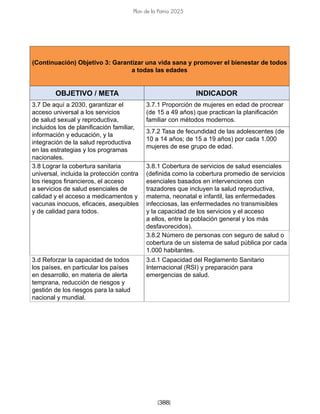 [388]
Plan de la Patria 2025
(Continuación) Objetivo 3: Garantizar una vida sana y promover el bienestar de todos
a todas las edades
OBJETIVO / META INDICADOR
3.7 De aquí a 2030, garantizar el
acceso universal a los servicios
de salud sexual y reproductiva,
incluidos los de planificación familiar,
información y educación, y la
integración de la salud reproductiva
en las estrategias y los programas
nacionales.
3.7.1 Proporción de mujeres en edad de procrear
(de 15 a 49 años) que practican la planificación
familiar con métodos modernos.
3.7.2 Tasa de fecundidad de las adolescentes (de
10 a 14 años; de 15 a 19 años) por cada 1.000
mujeres de ese grupo de edad.
3.8 Lograr la cobertura sanitaria
universal, incluida la protección contra
los riesgos financieros, el acceso
a servicios de salud esenciales de
calidad y el acceso a medicamentos y
vacunas inocuos, eficaces, asequibles
y de calidad para todos.
3.8.1 Cobertura de servicios de salud esenciales
(definida como la cobertura promedio de servicios
esenciales basados en intervenciones con
trazadores que incluyen la salud reproductiva,
materna, neonatal e infantil, las enfermedades
infecciosas, las enfermedades no transmisibles
y la capacidad de los servicios y el acceso
a ellos, entre la población general y los más
desfavorecidos).
3.8.2 Número de personas con seguro de salud o
cobertura de un sistema de salud pública por cada
1.000 habitantes.
3.d Reforzar la capacidad de todos
los países, en particular los países
en desarrollo, en materia de alerta
temprana, reducción de riesgos y
gestión de los riesgos para la salud
nacional y mundial.
3.d.1 Capacidad del Reglamento Sanitario
Internacional (RSI) y preparación para
emergencias de salud.
 