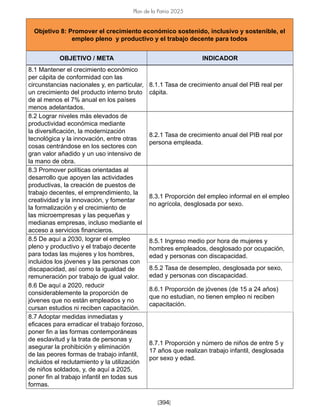 [394]
Plan de la Patria 2025
Objetivo 8: Promover el crecimiento económico sostenido, inclusivo y sostenible, el
empleo pleno y productivo y el trabajo decente para todos
OBJETIVO / META INDICADOR
8.1 Mantener el crecimiento económico
per cápita de conformidad con las
circunstancias nacionales y, en particular,
un crecimiento del producto interno bruto
de al menos el 7% anual en los países
menos adelantados.
8.1.1 Tasa de crecimiento anual del PIB real per
cápita.
8.2 Lograr niveles más elevados de
productividad económica mediante
la diversificación, la modernización
tecnológica y la innovación, entre otras
cosas centrándose en los sectores con
gran valor añadido y un uso intensivo de
la mano de obra.
8.2.1 Tasa de crecimiento anual del PIB real por
persona empleada.
8.3 Promover políticas orientadas al
desarrollo que apoyen las actividades
productivas, la creación de puestos de
trabajo decentes, el emprendimiento, la
creatividad y la innovación, y fomentar
la formalización y el crecimiento de
las microempresas y las pequeñas y
medianas empresas, incluso mediante el
acceso a servicios financieros.
8.3.1 Proporción del empleo informal en el empleo
no agrícola, desglosada por sexo.
8.5 De aquí a 2030, lograr el empleo
pleno y productivo y el trabajo decente
para todas las mujeres y los hombres,
incluidos los jóvenes y las personas con
discapacidad, así como la igualdad de
remuneración por trabajo de igual valor.
8.5.1 Ingreso medio por hora de mujeres y
hombres empleados, desglosado por ocupación,
edad y personas con discapacidad.
8.5.2 Tasa de desempleo, desglosada por sexo,
edad y personas con discapacidad.
8.6 De aquí a 2020, reducir
considerablemente la proporción de
jóvenes que no están empleados y no
cursan estudios ni reciben capacitación.
8.6.1 Proporción de jóvenes (de 15 a 24 años)
que no estudian, no tienen empleo ni reciben
capacitación.
8.7 Adoptar medidas inmediatas y
eficaces para erradicar el trabajo forzoso,
poner fin a las formas contemporáneas
de esclavitud y la trata de personas y
asegurar la prohibición y eliminación
de las peores formas de trabajo infantil,
incluidos el reclutamiento y la utilización
de niños soldados, y, de aquí a 2025,
poner fin al trabajo infantil en todas sus
formas.
8.7.1 Proporción y número de niños de entre 5 y
17 años que realizan trabajo infantil, desglosada
por sexo y edad.
 
