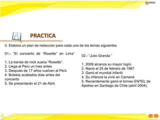 Inicio




               PRACTICA
II. Elabora un plan de redacción para cada uno de los temas siguientes

01.- “El concierto de “Roxette” en Lima”
                                                02.- “Julio Granda ”
1. La banda de rock sueca “Roxette”.
                                                1. 2009 alcanza su mayor logro
2. Llega al Perú un mes antes
                                                2. Nació el 25 de febrero de 1967
3. Después de 17 años vuelven al Perú
                                                3. Ganó el mundial infantil
4. Boletos acabados días antes del
                                                4. Su infancia la vivió en Camaná
concierto
                                                5. Recientemente ganó el torneo ENTEL de
5. Se presentarán el 21 de Abril.
                                                Ajedrez en Santiago de Chile (abril 2004).
 