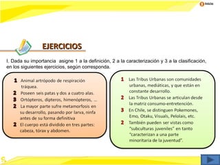 Inicio




                EJERCICIOS
I. Dada su importancia asigne 1 a la definición, 2 a la caracterización y 3 a la clasificación,
en los siguientes ejercicios, según corresponda.
 