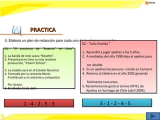 Inicio




                   PRACTICA
II. Elabora un plan de redacción para cada uno de los temas siguientes
                                                02.- “Julio Granda ”
01.- “El concierto de “Roxette” en Lima”
                                                1.   Aprendió a jugar ajedrez a los 5 años.
1. La banda de rock sueca “Roxette”.            2.   A mediados del año 1998 deja el ajedrez para
2. Presentará en Lima su más reciente
   producción, “Charm School”.
                                                   ser alcalde.
3. La estadía será en el Estadio Nacional.      3. Es un ajedrecista peruano nacido en Camaná.
4. Formado por la cantante Marie                4. Retorna al tablero en el año 2002 ganando
   Fredriksson y el cantante y compositor
                                                    fácilmente concursos.
   Per Gessle.                                  5. Recientemente ganó el torneo ENTEL de
5. El sábado 21 de abril.
                                                   Ajedrez en Santiago de Chile (abril 2004).


              1-4-2-5-3                                       3-1-2-4-5
 