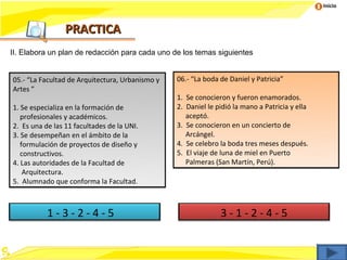 Inicio



                 PRACTICA
II. Elabora un plan de redacción para cada uno de los temas siguientes


05.- “La Facultad de Arquitectura, Urbanismo y   06.- “La boda de Daniel y Patricia”
Artes ”
                                                 1.   Se conocieron y fueron enamorados.
1. Se especializa en la formación de             2.   Daniel le pidió la mano a Patricia y ella
   profesionales y académicos.                        aceptó.
2. Es una de las 11 facultades de la UNI.        3.   Se conocieron en un concierto de
3. Se desempeñan en el ámbito de la                   Arcángel.
   formulación de proyectos de diseño y          4.   Se celebro la boda tres meses después.
   constructivos.                                5.   El viaje de luna de miel en Puerto
4. Las autoridades de la Facultad de                  Palmeras (San Martín, Perú).
    Arquitectura.
5. Alumnado que conforma la Facultad.



           1-3-2-4-5                                             3-1-2-4-5
 