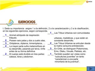 Inicio




                EJERCICIOS
I. Dada su importancia asigne 1 a la definición, 2 a la caracterización y 3 a la clasificación,
en los siguientes ejercicios, según corresponda.
                                                __1__ Las Tribus Urbanas son comunidades
__1__ Animal artrópodo de respiración
       tráquea.                                        urbanas, mediáticas, y que están en
__2__ Poseen seis patas y dos a cuatro alas.           constante desarrollo.
__3__ Ortópteros, dípteros, himenópteros, … __2__ Las Tribus Urbanas se articulan desde
__2__ La mayor parte sufre metamorfosis en             la matriz consumo-entretención.
       su desarrollo, pasando por larva, ninfa __3__ En Chile, se distinguen Pokemones,
       antes de su forma definitiva                    Emo, Otaku, Visuals, Pelolais, etc.
__2__ El cuerpo está dividido en tres partes: __1__ También pueden ser vistas como
       cabeza, tórax y abdomen.                         “subculturas juveniles” en tanto
                                                        “caracterizan a una parte
                                                        minoritaria de la juventud”.
 