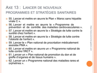 AXE 13 : LANCER DE NOUVEAUX
PROGRAMMES ET STRATÉGIES SANITAIRES
 55. Lancer et mettre en œuvre le Plan « Maroc sans hépatite
virale C ».
 56. Lancer et mettre en œuvre le « Programme de
prévention et de contrôle des maladies cardiovasculaires ».
 57. Lancer et mettre en œuvre la « Stratégie de lutte contre la
surdité chez l’enfant ».
 58. Lancer et mettre en œuvre la « Stratégie de lutte contre
l’obésité de l’enfant ».
 59. Lancer le « Plan national de procréation médicalement
assistée PMA ».
 60. Lancer et mettre en œuvre un « Programme national de
lutte contre l’IRCT ».
 61. Lancer un « Plan national de promotion du don et de
greffe d’organes et de tissus humains ».
 62. Lancer un « Programme national des maladies rares et
orphelines ».
https://www.economie-gestion.com
 