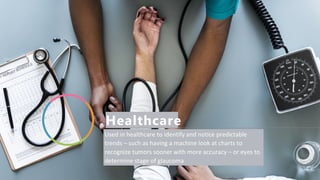 Healthcare
Used in healthcare to identify and notice predictable
trends – such as having a machine look at charts to
recognize tumors sooner with more accuracy – or eyes to
determine stage of glaucoma
 