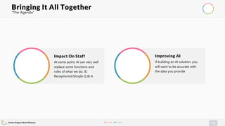 Evolve Project | Brian Pichman
73
“The Agenda”
Bringing It All Together
Impact On Staff
At some point, AI can very well
replace some functions and
roles of what we do. IE:
Receptionist/Simple Q & A
Improving AI
If building an AI solution, you
will want to be accurate with
the data you provide
 
