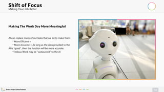 Evolve Project | Brian Pichman
74
Making Your Job Better
Shift of Focus
AI can replace many of our tasks that we do to make them:
* More Efficient =
* More Accurate = As long as the data provided to the
AI is “good”, then the function will be more accurate.
*Tedious Work may be “outsourced” to the AI
Making The Work Day More Meaningful
 