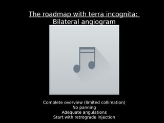 3
The roadmap with terra incognita:
Bilateral angiogram
Complete overview (limited collimation)
No panning
Adequate angulations
Start with retrograde injection