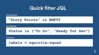 “Story Points” is EMPTY
Status in ("To Do", "Ready for Dev”)
labels = squirtle-squad
Quick filter JQL
Unestimated
Not Started
Sub team
 