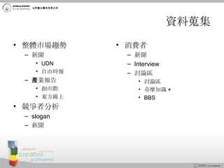 資料蒐集 整體市場趨勢 新聞 UDN 自由時報 產業報告 創市際 東方線上 競爭者分析 slogan 新聞 消費者 新聞 Interview 討論區 討論區 奇摩知識 + BBS 