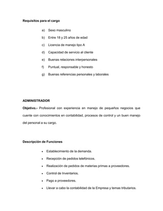 Requisitos para el cargo
a) Sexo masculino
b) Entre 18 y 25 años de edad
c) Licencia de manejo tipo A
d) Capacidad de servicio al cliente
e) Buenas relaciones interpersonales
f) Puntual, responsable y honesto
g) Buenas referencias personales y laborales
ADMINISTRADOR
Objetivo.- Profesional con experiencia en manejo de pequeños negocios que
cuente con conocimientos en contabilidad, procesos de control y un buen manejo
del personal a su cargo.
Descripción de Funciones
 Establecimiento de la demanda.
 Recepción de pedidos telefónicos.
 Realización de pedidos de materias primas a proveedores.
 Control de Inventarios.
 Pago a proveedores.
 Llevar a cabo la contabilidad de la Empresa y temas tributarios.
 
